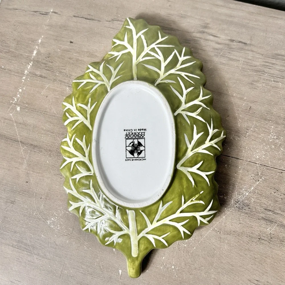 Vintage MWW Market Green Leaf Ceramic‎ Relish Dish Spoon Rest 9.25
